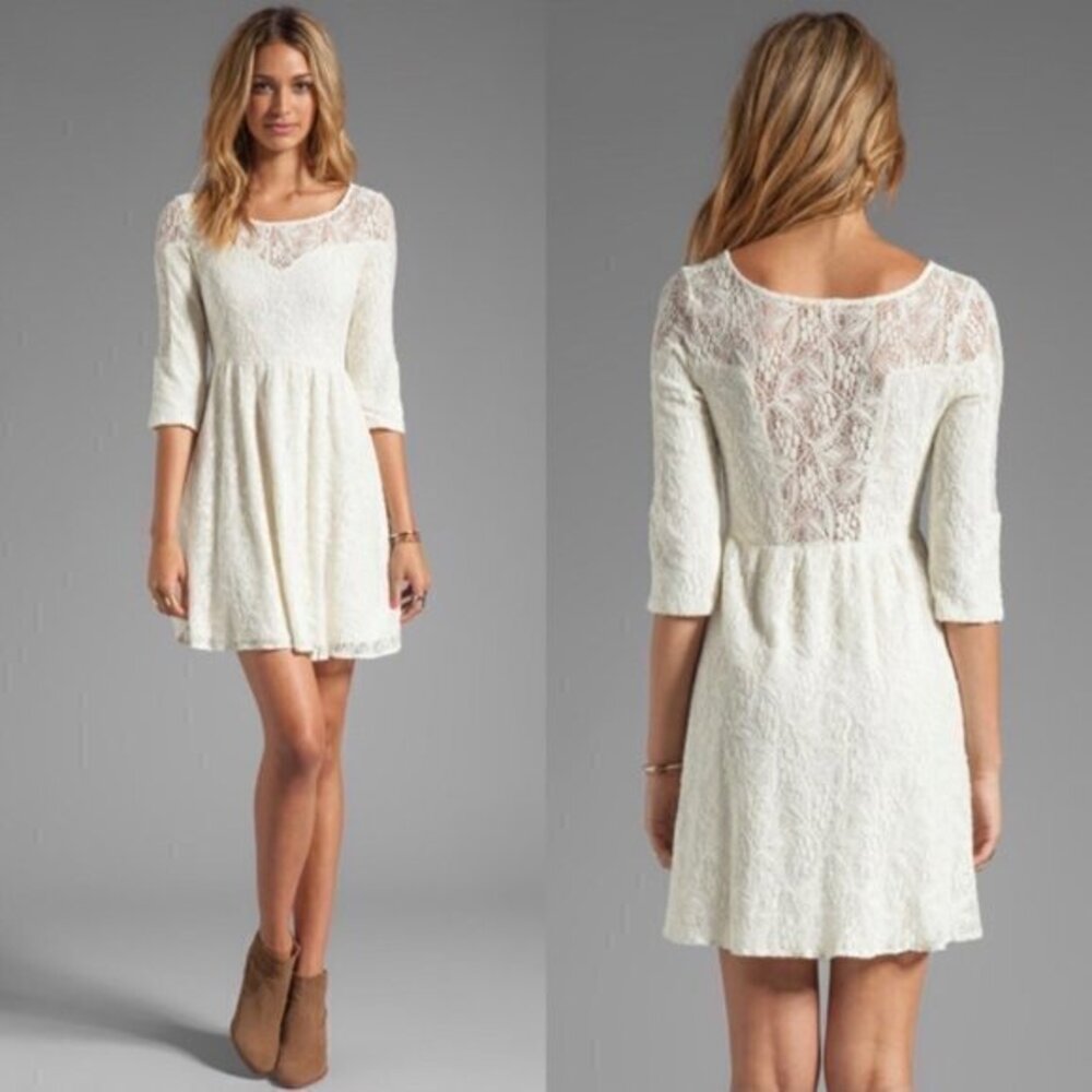 Free People Anthropologie Mini Dress Lace Cream Shake It Up 3/4 Sleeve
